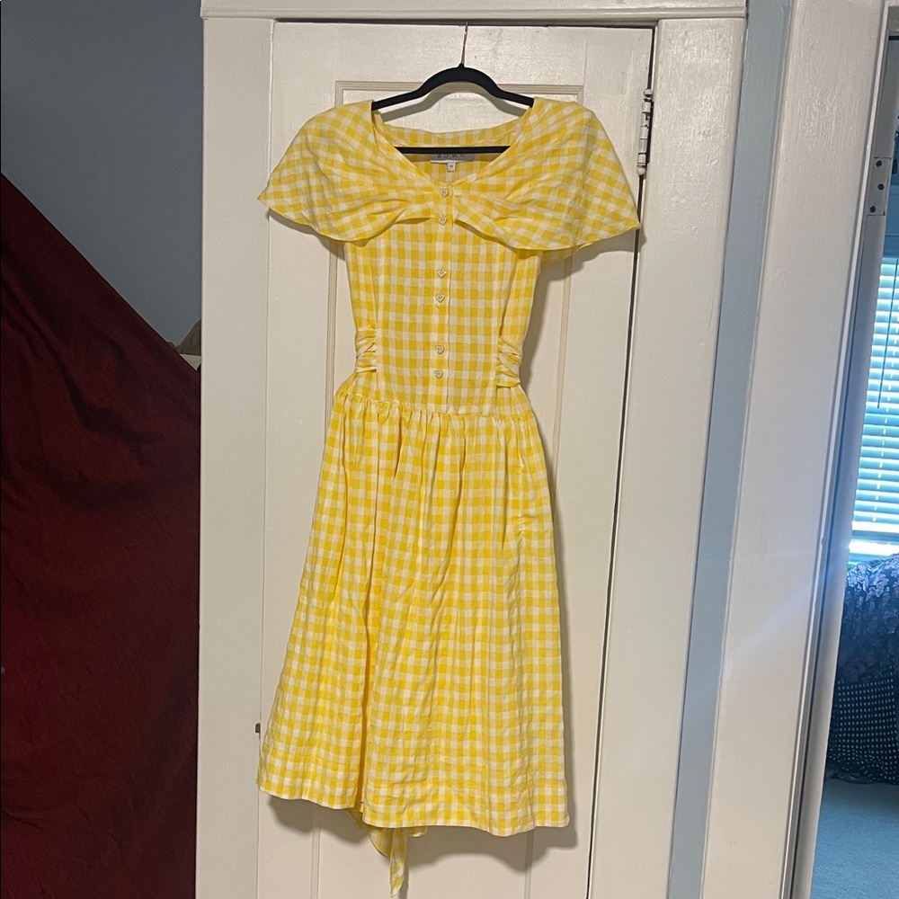 Yellow Gingham Midi Dress with Sweetheart Collar